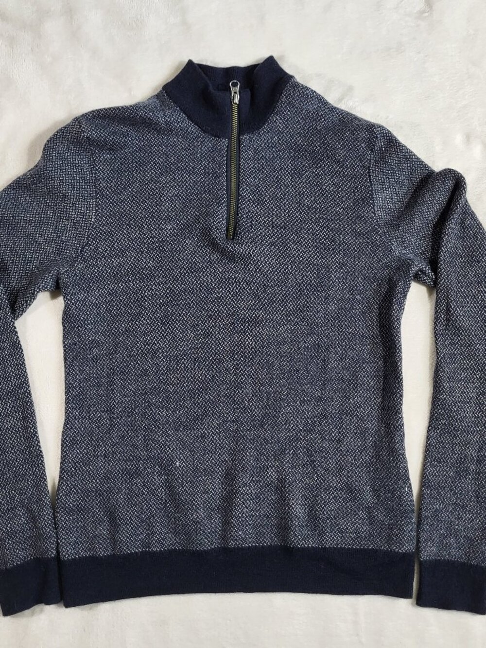 Marine Layer Quarter‐Zip Textured Knit Premium Merino Wool Sweater - Medium